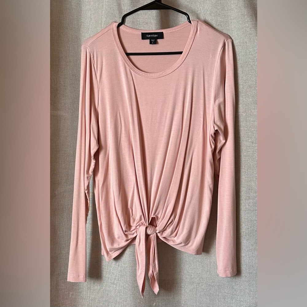 Karen Kane•tie-front long-sleeve blouse•size large•relaxed fit•scoop neck•pink